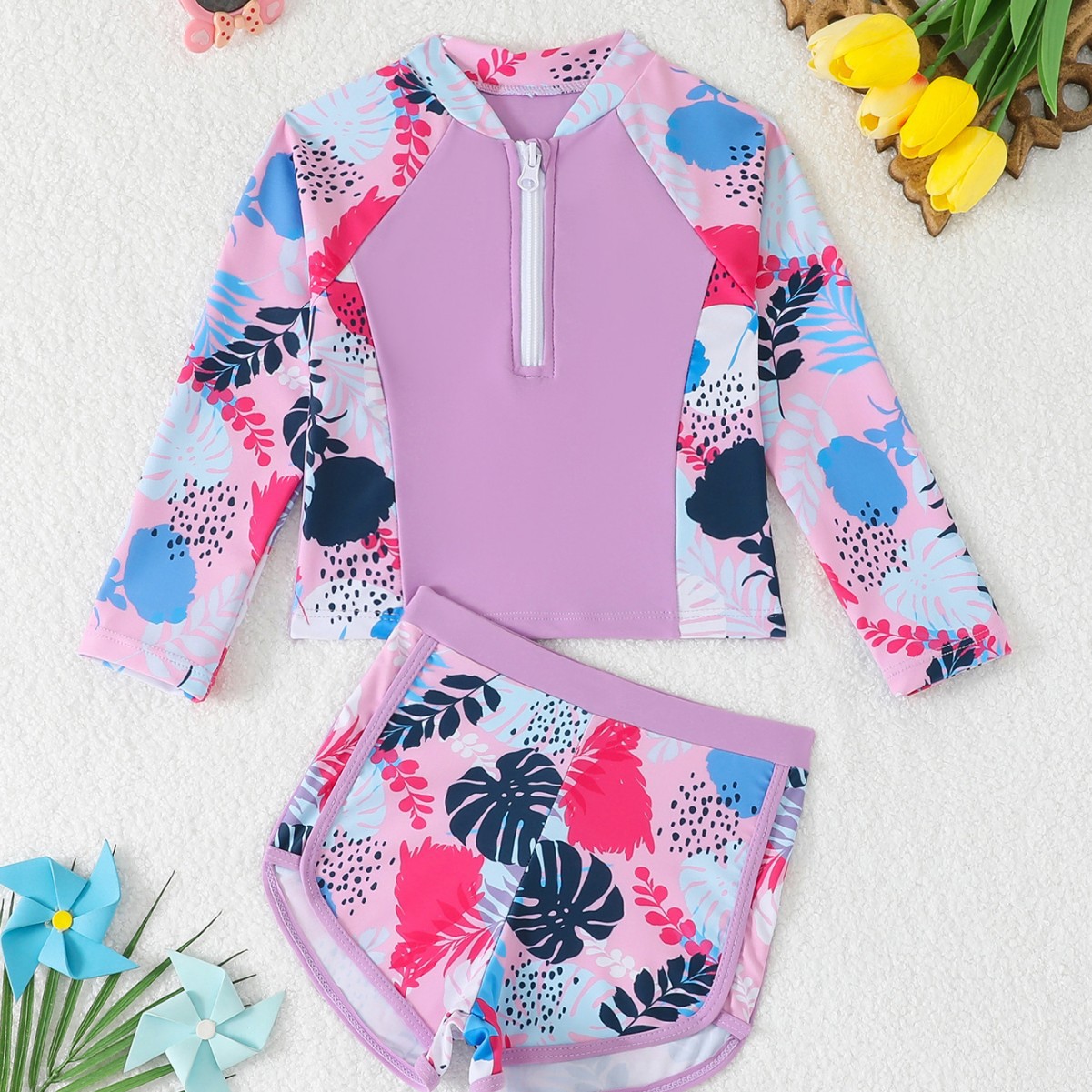 Rash Guard Long Sleeve - Mädchen Blattmuster 2-teiliges Rashguard-Set Langarm mit