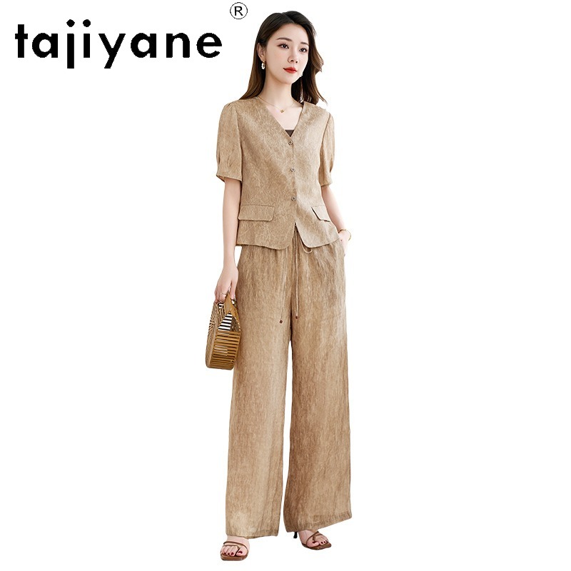 Crop Blouse Linen - TAJIYANE 23MM Echte Seiden-Leinen-Mischung Damen-Set: Kurze