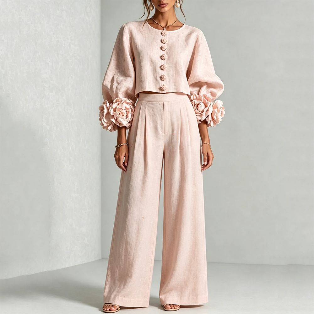 Crop Blouse Linen - Damen-Leinen-Cropped-Top Zweiteiler-Set O-Ausschnitt Puffärmel 3D-Blumenmuster-Manschetten-Dekor Bluse