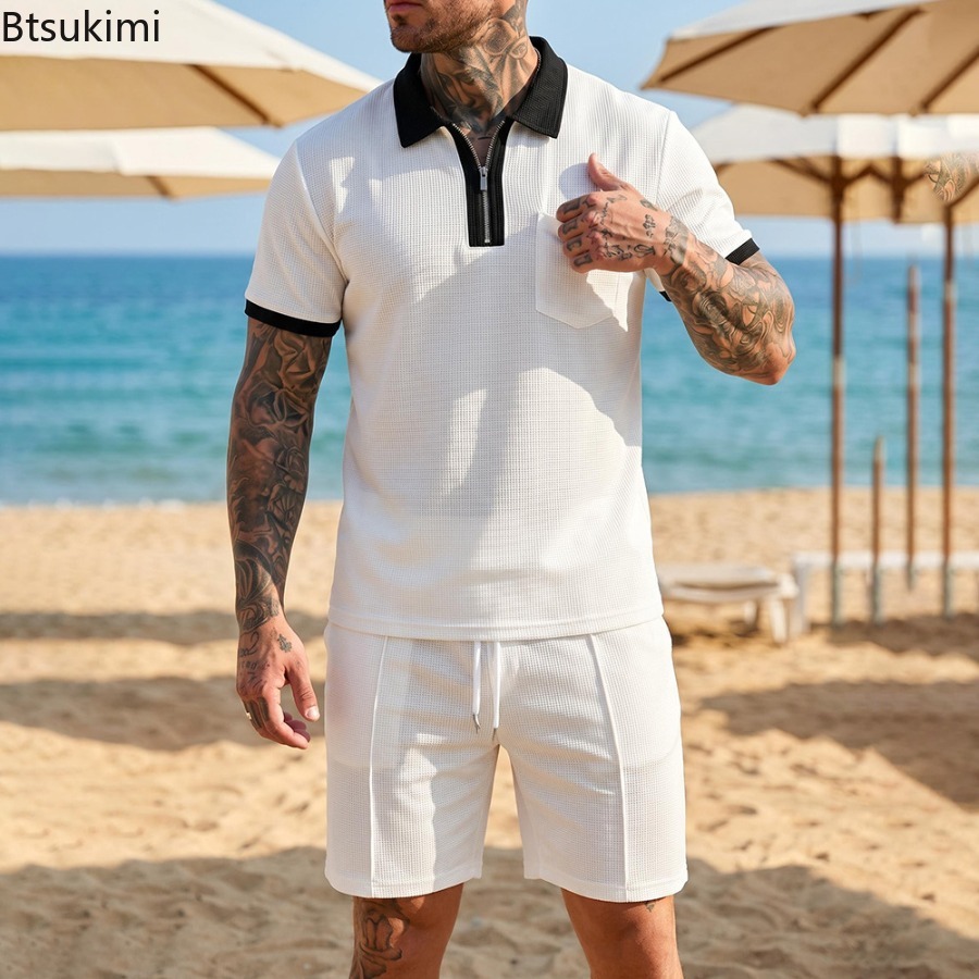 Summer Clothing Vacation - Herren Waffelkragen-Polo Kurzarm-Shorts-Set Strandurlaub Freizeit-Set Sommer
