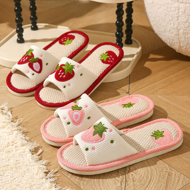 Summer Cloth - Erdbeerfarbene Leinen-Hausschuhe für Damen, offene Zehen,