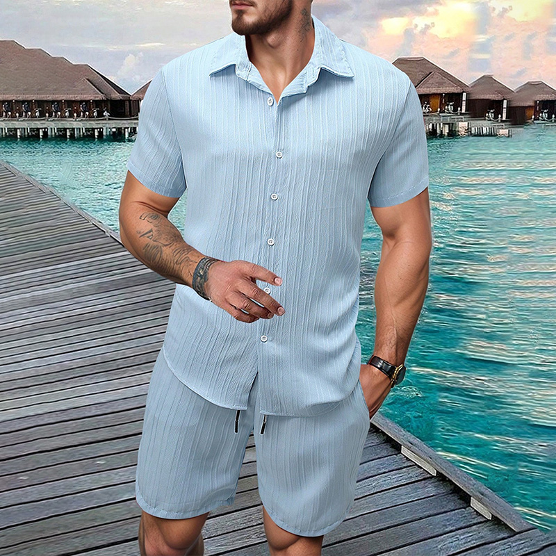 Summer Clothing Sets - 2026 Neues Herren-Set: Vertikal geknittertes Revers-Kurzarmhemd