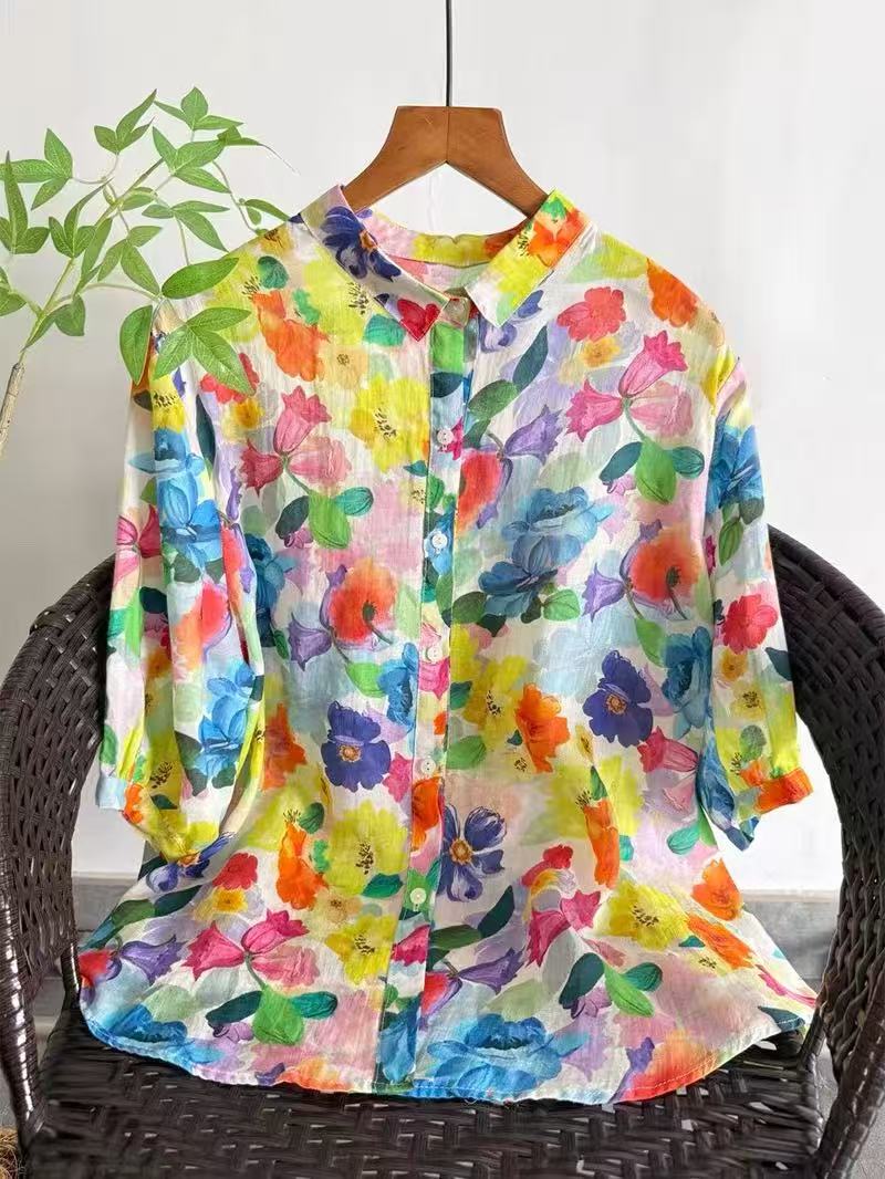 Summer Clothing For Japan - 2026 Reine Ramie-Bluse mit Blumendruck für