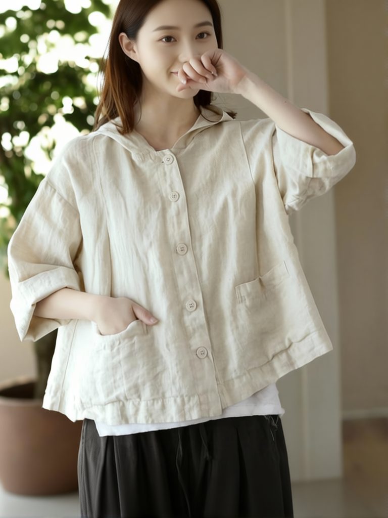Crop Blouse Linen - Vintage Baumwoll-Leinen Kapuzen-Cropped-Shirt für Damen, locker